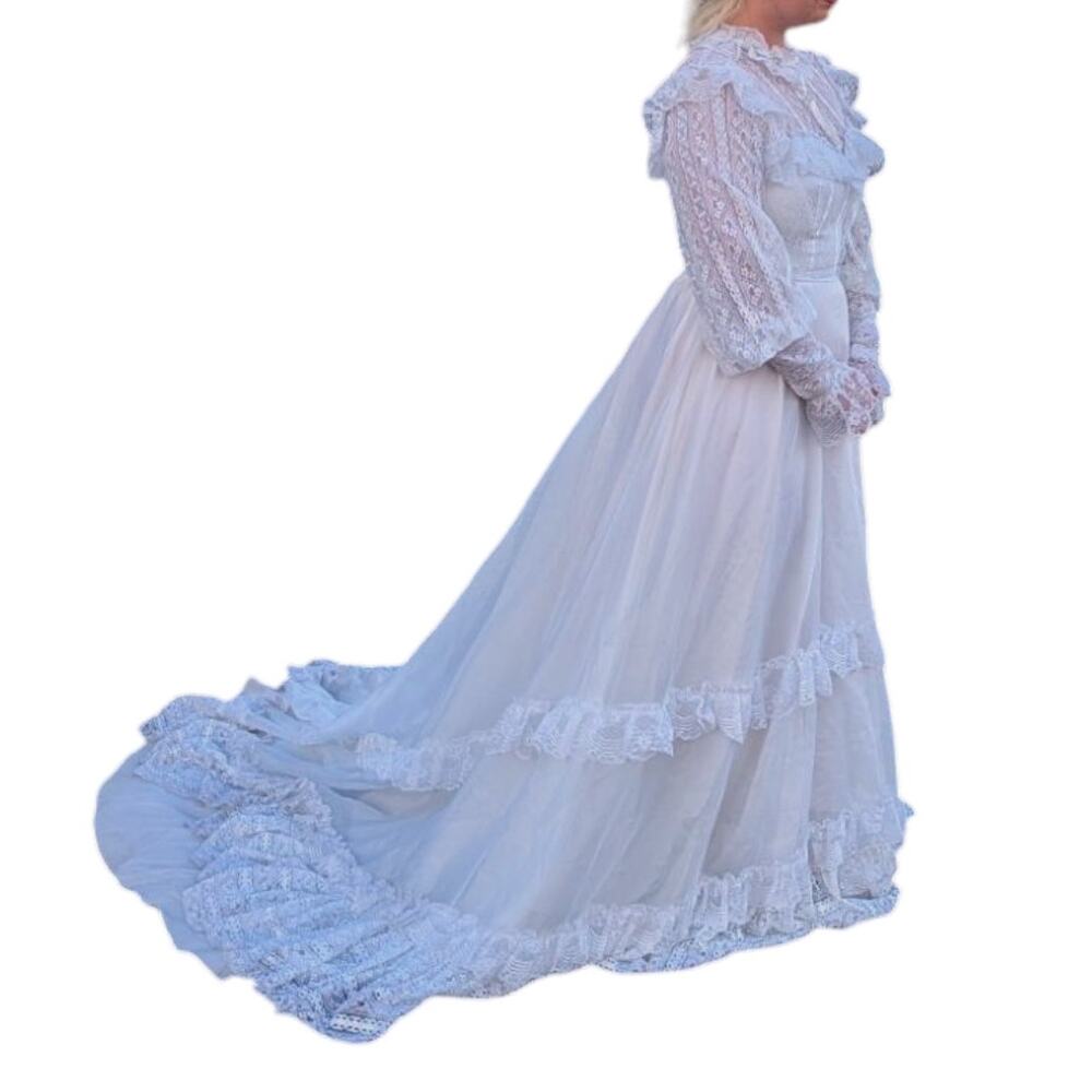 Vintage 70s Victorian Wedding Dress Bridgerton Lace High Neck Illusion Neckline - Picture 3 of 14
